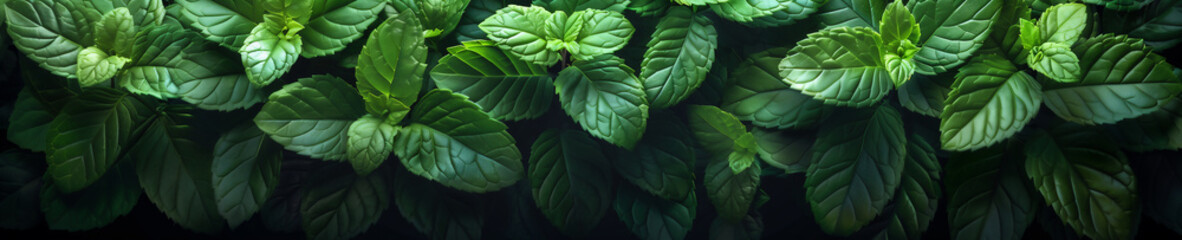 Obraz premium Vibrant green mint leaves bathed in natural light, showcasing their lush texture and healthy appearance, perfect for culinary and herbal uses. Generative ai raster illustration.