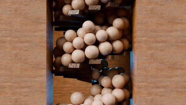 Oddly Satisfying wooden balls race run track, marble spheres racing down stairs, rolling and bouncing , abstract background, jumping down the marble staircase, Motion Graphics design, 3d render