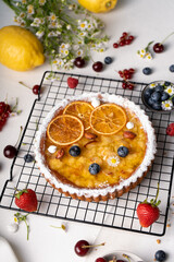 Freshly Baked Lemon Pie, Citrus Tart over Summer Background