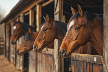 portrait of horses standing in the stable on the farm