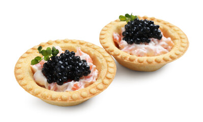 Delicious canapes with black caviar isolated on white