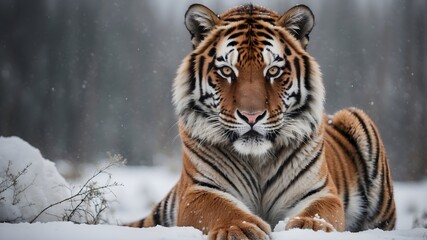 Obraz premium Siberian tiger in the snow, Closeup shot, Looking at camera, Laying down.