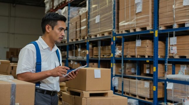 Warehouse staffs discussing over whiteboard in warehouse