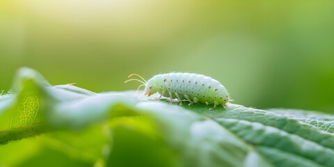 Naklejka premium Silkworms craft a living tapestry on mulberry leaves in peaceful surroundings. Concept Silkworms, Mulberry Leaves, Living Tapestry, Peaceful Surroundings, Craftsmanship,