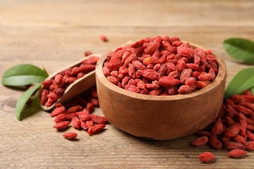 Dried goji berries, leaves, bowl and scoop on wooden table, closeup