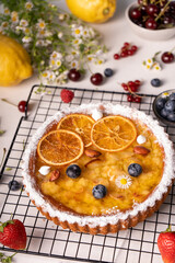 Freshly Baked Lemon Pie, Citrus Tart over Summer Background