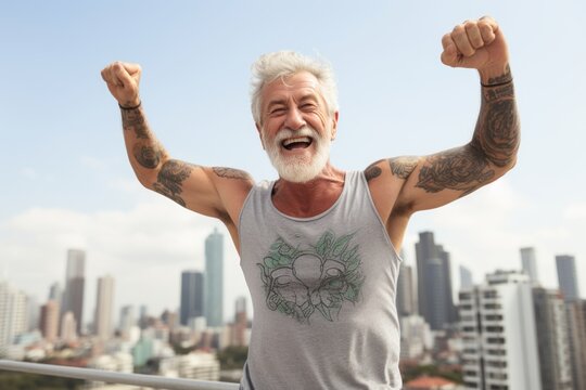 Portrait of a joyful man in his 60s donning a trendy cropped top isolated on stunning skyscraper skyline - Powered by Adobe