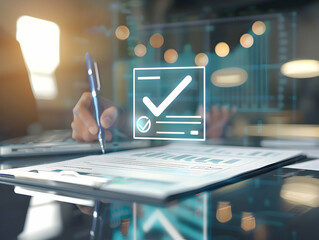 Naklejka premium Monitoring and selection, Checklist and Quality Assurance, Online survey filling out, digital form checklist, Business performance monitoring concept, Concept of hiring, selection, interview