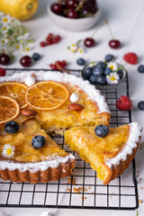 Freshly Baked Lemon Pie, Citrus Tart over Summer Background