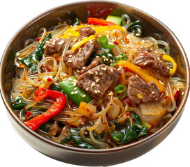 Delicious bowl of Asian stir-fried glass noodles with vegetables and beef, garnished with sesame seeds and fresh green onions.