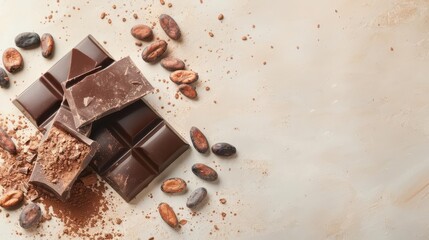 Dark chocolate bar with cocoa beans and powder on a light background.