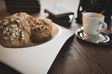 Bran muffins, espresso and vintage books