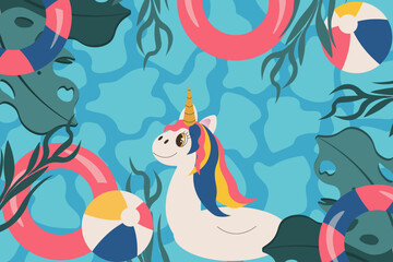 Trendy Surf club sunny day aesthetic. Simple naive style Summer wallpaper. Water surface and rubber ring. Swimming pool party background. Vetor illustration can used web social media design. EPS 10