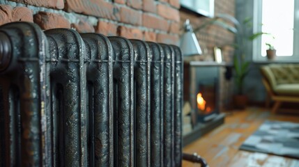 Close-up of cast iron radiator, rustic living room, brick wall, wooden beams. Autumn Heating Season