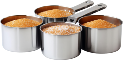 Stainless steel measuring cups filled with brown and white sugar, perfect for baking and cooking measurements.