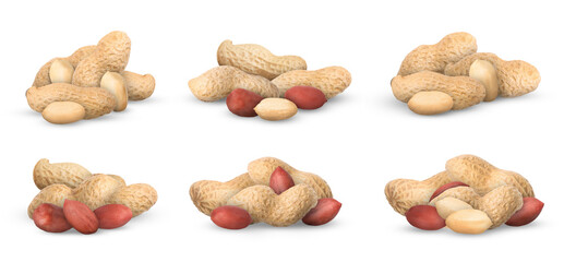 Many different peanuts isolated on white, set