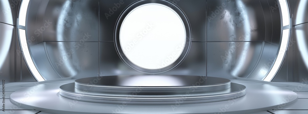 Poster the metallic stage showcases a contemporary and simple design featuring concentric circles and halo 