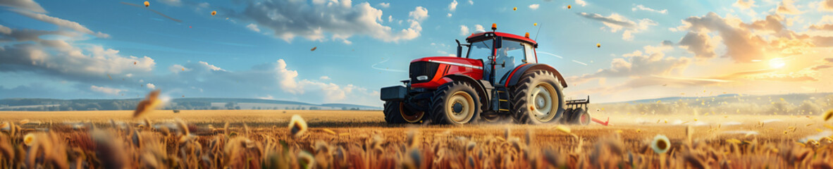 Vintage red tractor in a vast, sunlit farm field with scattered clouds in the sky, depicting rural agricultural life. Generative ai raster illustration. Pop art comic book style imitation