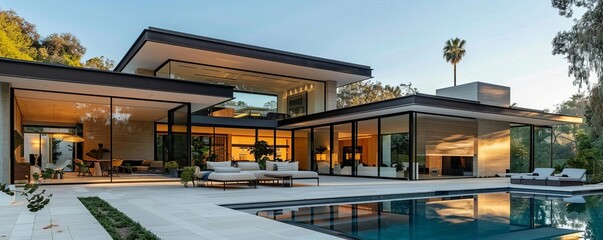 Elevated perspective of a sleek minimalist home with large glass walls, landscaped garden, and pool, clear skies, editorial style, stylish photography
