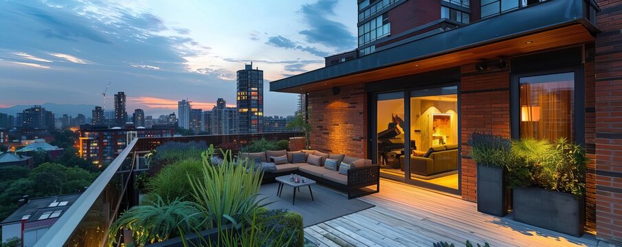 Elevated perspective of a modern urban apartment with balcony, rooftop garden, and skyline view, twilight, editorial style, chic photography