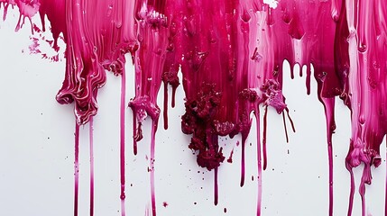 Fototapeta premium Ruby paint dripping and splattering onto a pure white backdrop, creating captivating textures.