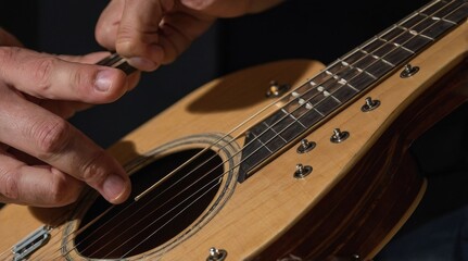 Naklejka premium A man is playing a guitar with his fingers on the strings