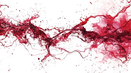 Ruby paint splashes overlapping and intertwining, creating a mesmerizing visual effect on white.