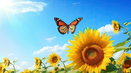 Beautiful sunflower with butterfly on blue sky background