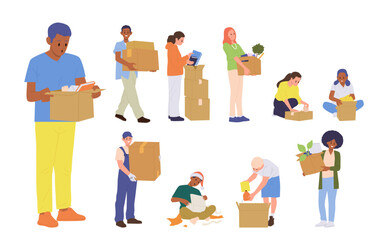 Diverse people flat cartoon characters packing and unpacking cardboard box for home moving set