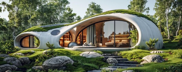 Highangle image of a futuristic dome house with ecofriendly design, solar panels, and green roof, sunny day, editorial style, innovative photo