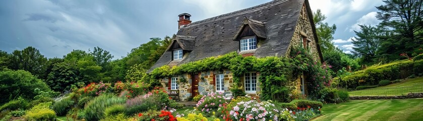 Highangle image of a picturesque cottage with stone walls, flower garden, and thatched roof, sunny day, editorial style, quaint photo