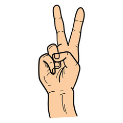 Hand drawn cartoon male hand showing gesture peace sign or number two on white background. Body language concept.