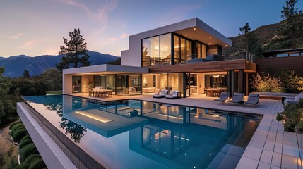 Highangle shot of a sleek contemporary home with geometric design, infinity pool, and deck, dusk lighting, editorial style, dramatic photo