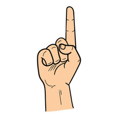 Hand drawn cartoon male hand, finger pointing up or showing number one on a white background. Concept gestures and body language.