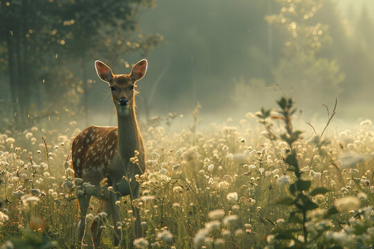 A roe deer in the morning fog of dawn in the forest looks straight into the camera. Generated by artificial intelligence