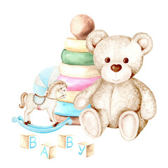 Children's toys, teddy bear, pyramid, wooden cubes, ball. Isolated watercolor illustration on white background. Suitable for textiles, scrapbooking, wallpaper, wrapping paper, cards and invitations, 