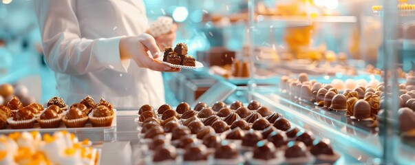 Smiling chef presenting delicious chocolate truffles