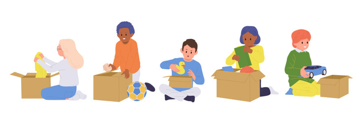 Children cartoon characters packing and unpacking cardboard boxes with different toys isolated set