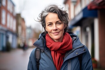 Portrait of a glad woman in her 50s dressed in a water-resistant gilet in charming small town main street