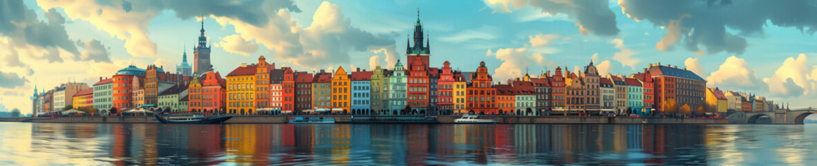 Obraz premium Vibrant old European city cityscape featuring colorful buildings along a waterfront, with reflections in the water and a dramatic cloudy sky overhead. Generative ai raster illustration. 