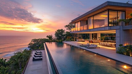 Fototapeta premium Highangle view of a sleek modern villa with infinity pool, open floor plan, and ocean view, sunset, editorial style, striking photography