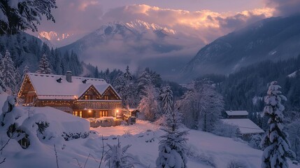 Fototapeta premium Highangle view of a traditional Alpine chalet with wooden beams, snowcovered roof, and surrounding mountains, winter dusk, editorial style, cozy photography
