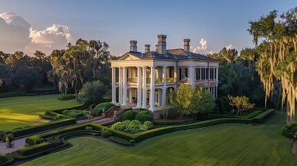 Highangle view of a traditional southern plantation home with grand columns, wraparound porch, and extensive gardens, golden hour, editorial style, majestic photography
