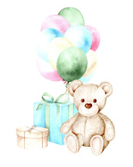 Children's toys, teddy bear, gifts and balloons. Isolated watercolor illustration on white background. Suitable for textiles, scrapbooking, wallpaper, wrapping paper, cards and invitations, 