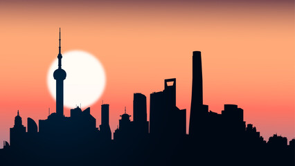 Obraz premium China. Vector background with Shanghai skyline silhouette at sunset. TV tower, Shanghai world financial center and other skyscrapers. Travel illustration