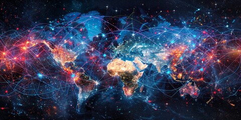 Obraz premium Artistic illustration of planet Earth with glowing lights representing data transfer.