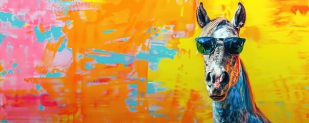 Fototapeta premium Cool horse wearing sunglasses against a gradient background, combining the elegance of the animal with a playful, modern touch. Free copy space for text.