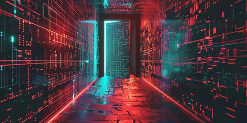 The image is a long, dark hallway with a bright light at the end. The walls are lined with tall, metal shelves filled with glowing green and red lights.