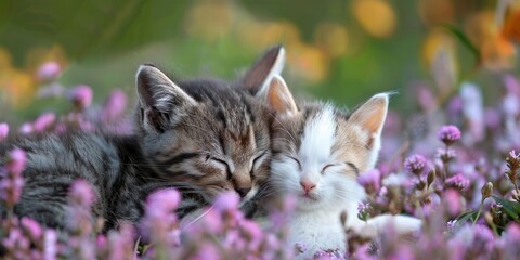 Fototapeta premium Two cute kittens sleeping in a field of purple flowers.