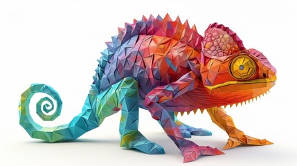Obraz premium Origami chameleon, 3D model, white background, color change detail